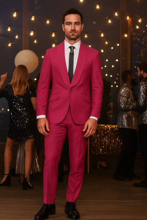 Mens Hot Pink Tuxedo Dinner Jacket + Pants with Shawl Lapel – Slim Fit 2-Piece Suit for Weddings, Proms Suit in Fuchsia Colors