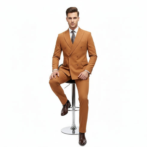 Men’s Vitali Brand Rustish Orange Brown Copper Color Double Breasted Slim Fit Suit
