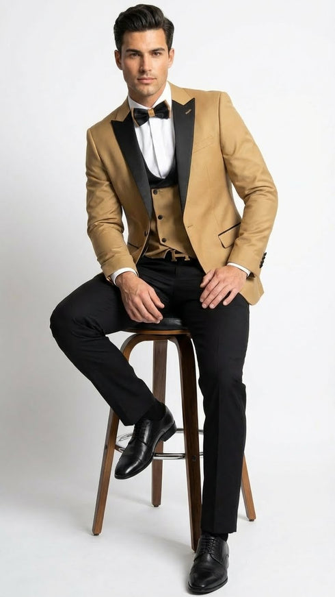 Men's Dark Camel Tan Khaki and Black Great Gatsby Tuxedo Suit – Vintage 1920s Formal Wedding, Party and Event Wear