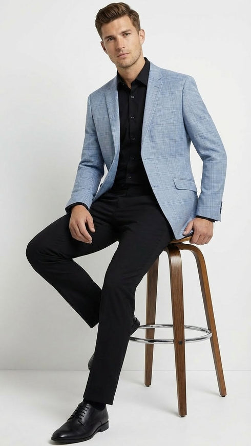 Men’s Big and Tall Light Blue Checkered Blazer and Sport Coat – Sky powder blue windowpane plaid pattern Jacket