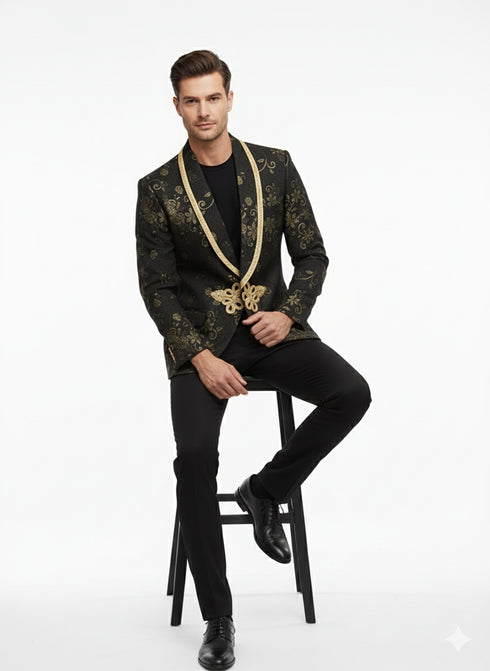 Men’s Black and Gold Embroidered Luxury Blazer – Designer Floral Pattern Wedding & Party Jacket (Sim534)