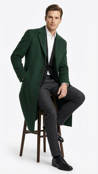 Men’s Hunter Green Full-Length Wool Overcoat – Classic Winter Dress Coat for Formal and Casual Wear Topcoat Mens Wintercoat