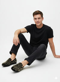 Men’s Studded Velvet Loafers – Designer Party and Prom Dress Shoes with Gold and Silver Spikes