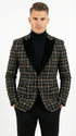 Mens Tartan Black and Gold Check Blazer – Windowpane Plaid Sport Coat Velvet Lapel Formal Party Jacket Chirsitmas New Year Holiday Jacket
