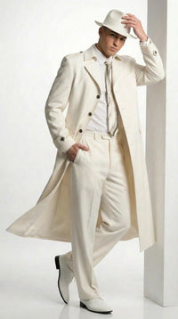 Men’s Ivory Cream Off White Full Length Zoot Suit – Vintage Gangster Style Long Coat Formal Suit