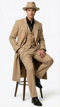 Men’s 1920s Beige Zoot Suit – Long Mafia Gangster Three-Piece Suit in Tan Khaki Color 40 inch Zuit Pachuco Suit