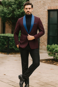 Mens Burgundy Tuxedo Dinner Jacket Blazer with Blue Satin Shawl Lapel Wedding and Party Jacket