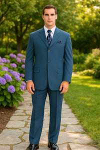 Mens Steel Blue 3-Button Classic Suit – Formal Business Attire with Vest, Tie and Pocket Square