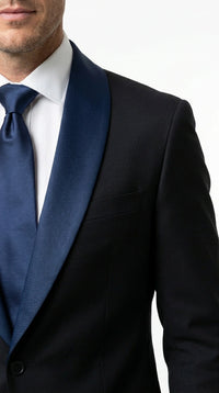 Men’s Black Suit with Navy Blue Lapel – Elegant Formal Tuxedo Style Suit for Wedding, Prom, Party and Evening Wear