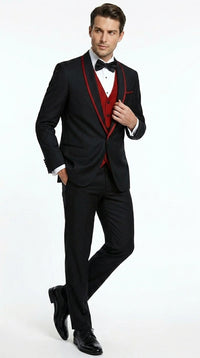 Statement Men's Black with Red Lapel Vested 100% Wool Tuxedo