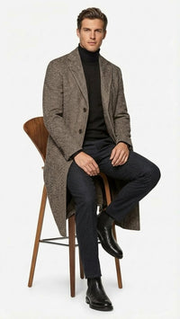 Men’s Black & Grey Herringbone Tweed Wool Blend Overcoat – Classic Single-Breasted Winter Blazer Carcoat