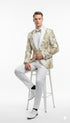 Mens White and Gold Floral Tuxedo Jacket with Satin Lapel – Luxury Prom, Wedding, and Formal Dinner Blazer