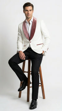 Men’s Ivory and Rose gold Floral Blazer – Elegant Shawl Lapel Formal Blazer Jacket for Wedding, Party, Prom