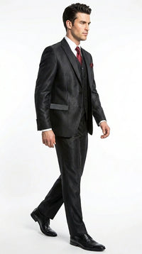 Men’s Black Shiny 3 Piece Tuxedo Groom Suit, Formal Vest Suit for Weddings, Prom, Black Tie Events, Black Lapel