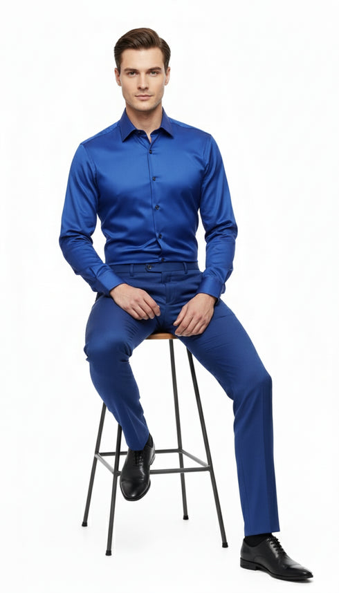 Men’s Royal Blue Satin Dress Shirt – Luxury Long Sleeve Formal Shirt for Parties, Weddings, and Business Wear
