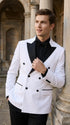Men's White Double Breasted Tuxedo Dinner Jacket with Black Satin Peak Lapel – Formal Wedding Prom Blazer