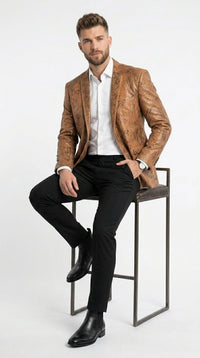 Men’s Tan Snakeskin Print Blazer, Brown Sport Coat Camel Alligator Crocodile Animal Print leopard Jacket