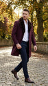 Men’s Burgundy Three Quarter Coat with Faux Fur Collar Overcoat – Luxury Winter Outerwear Three Quarter Carcoat Topcoat