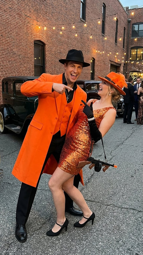 Men’s halloween Costume Orange Long Zoot Suit Set With Black Shirt and Black Pants included