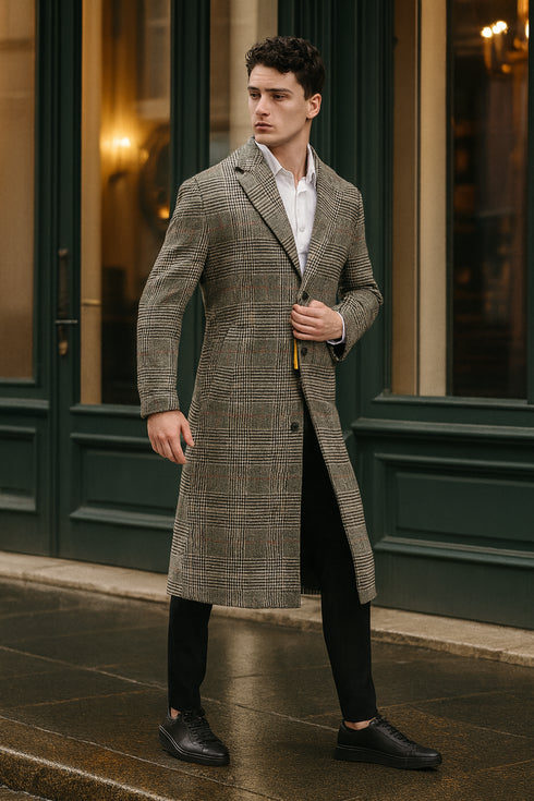 Men’s Full length Long Plaid Overcoat – Classic Checkered Wool Blend Winter Coat in Gray Color Checkered