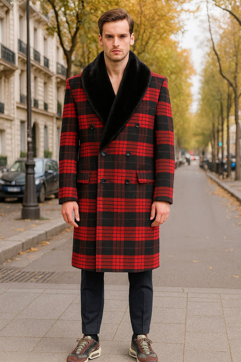 Mens Red and Black Plaid Wool Overcoat with Black Faux Fur Shawl Collar – Double-Breasted Winter Coat - Tartan Designs