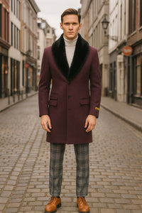 Mens Purple Pimp Coat - Overcoat with Black Faux Fur Collar – Luxury Winter Dress Coat for Formal and Casual Wear