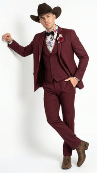 Men’s Burgundy Western Tuxedo Suit, 3 Piece Cowboy Formal Wedding Prom Suit with Satin Trim