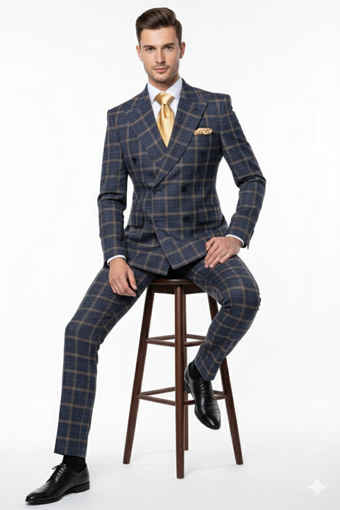 Men’s Navy and Tan Windowpane Double-Breasted Suit | Classic 2-Piece Plaid Dress Suit, Business, and Formal Events By Rossiman