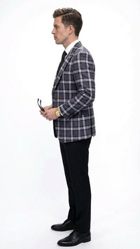 Men’s Big and Tall Charcoal Gray and Black Plaid Blazer – Grey Checker Windowpane Sport Coat