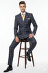 Men’s Navy and Tan Windowpane Double-Breasted Suit | Classic 2-Piece Plaid Dress Suit, Business, and Formal Events By Rossiman