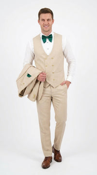 Men’s Khaki Tan 3-Piece Groomsmen Suit – Wedding Suit with Double-Breasted Vest and Pants Great Gatsby Style Gold buttons