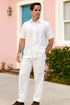 Men’s Linen White Embroidered Guayabera Two-Piece Set – Short Sleeve Shirt and Pants - Summer Walking Suit