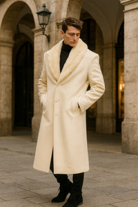 Men’s Ivory - Cream - Off White Full-Length Overcoat with Luxurious Faux Fur Shawl Collar – Winter Dress Coat