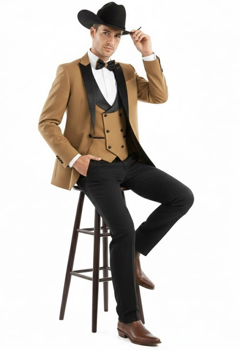 Mens Western Cowboy Tuxedo – Tan and Black 3-Piece Suit with Satin Lapel and Vest in Mocca Coffee Color