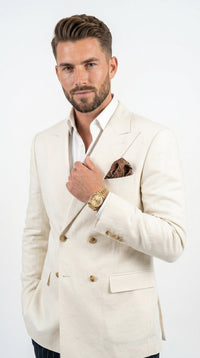 Men’s Ivory Linen Double Breasted Blazer, Lightweight Wedding Dinner Sport Coat Jacket Cream Off White