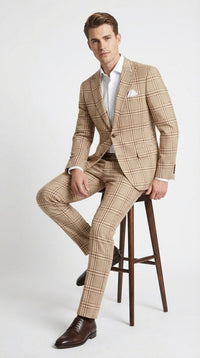 Beige Tan Plaid windowpane Two Piece Suit for Men | Classic Checkered Formal Suit with Jacket and Pants by Rossiman