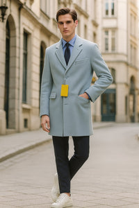 Mens Light Blue Wool Overcoat – Modern Long Coat with Classic Tailored Fit in Sky Blue