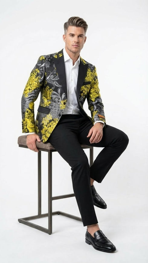 Men’s Yellow Tuxedo Black and Gold Floral Pattern Blazer | Formal Jacket - Prom Dinner Jacket + Black Pants + Bowtie