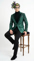Mens Emerald Green Mardi Gras Blazer with Black Satin Lapel – Paisley Swirl Pattern Formal Party Jacket