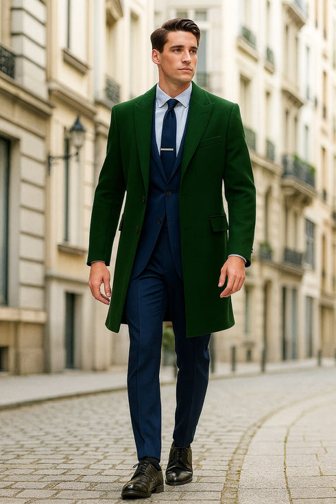 Mens Dark Green Wool Overcoat – Classic Long Coat for Formal and Casual Style
