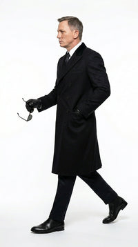 Men’s Black Double Breasted Overcoat, James Bond Inspired Long Formal Coat for Weddings, Business Events, Parties, and Winter Occasions