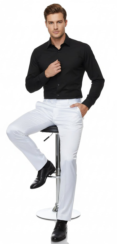 Mens White Satin Slim Fit Dress Pants – Shiny Formal Party and Wedding Trousers
