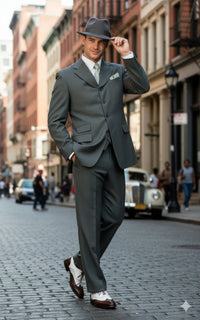 Men’s 1920s Gray Zoot Suit – 4 Buttons Gangster Wide Lapel Long Jacket 3-Piece Suit in Grey Color Classic Fit Pleated Pants