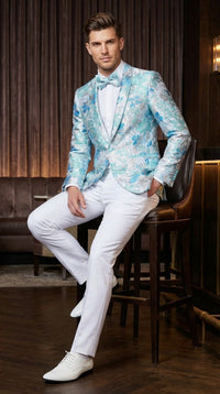 Men’s Light Blue Floral Jacquard Tuxedo Jacket with Matching Bow Tie | Formal Prom Wedding Blazer + Bowtie Turqoise Aqua Color