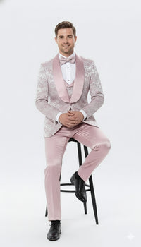 Men’s Light Pink Dusty Rose - Floral Tuxedo Suit – Luxury Satin Shawl Lapel 3-Piece Formal Wedding and Prom Suit in Blush Mauve color