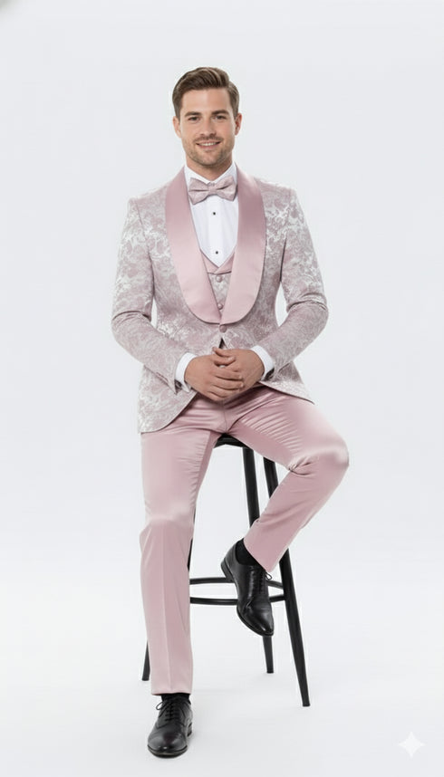 Men’s Light Pink Dusty Rose - Floral Tuxedo Suit – Luxury Satin Shawl Lapel 3-Piece Formal Wedding and Prom Suit in Blush Mauve color