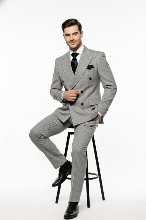 Men’s Grey and Black Pinstripe Double-Breasted Suit – 1920s Gangster Vintage Looking suit By Rossiman