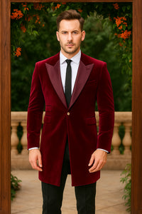 Men’s Burgundy Tuxedo in Velvet Long Blazer – Victorian Cutaway Tuxedo Suit 1920s Gangster Style Long Jacket with Black Pants
