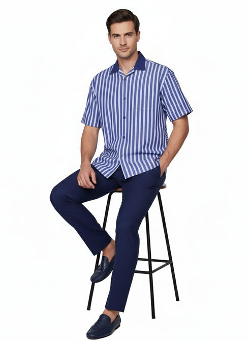 Men’s Blue and White Vertical Stripe Short Sleeve Shirt Set – Casual Summer Two-Piece Outfit