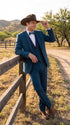 Men’s Teal Blue Western Tuxedo Suit, 3 Piece Cowboy Formal Wedding Prom Suit with Black Shawl Lapel Saphire